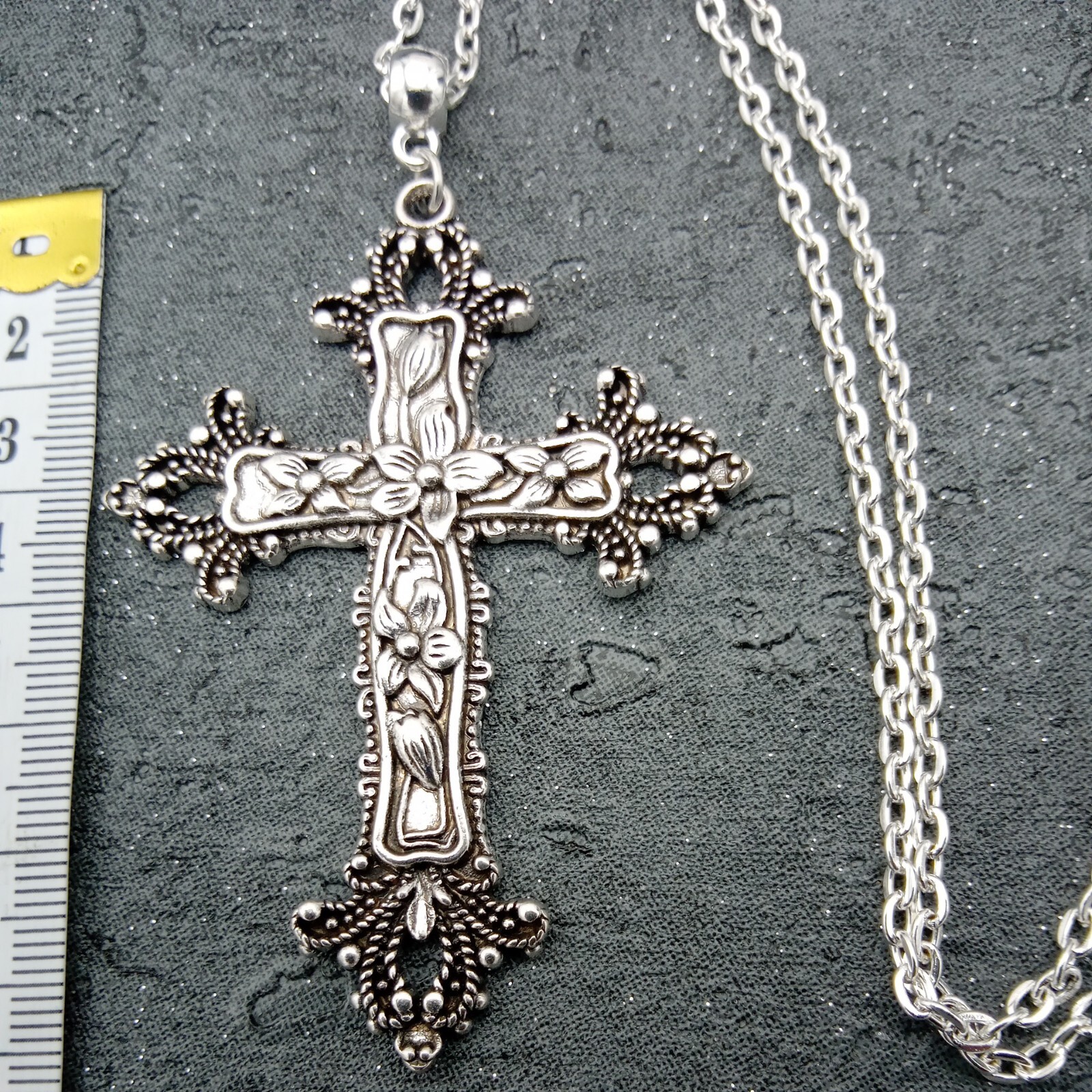 Huge Very Long ornate CROSS Necklace 90cm/36″ chain Large Big Religious Rock