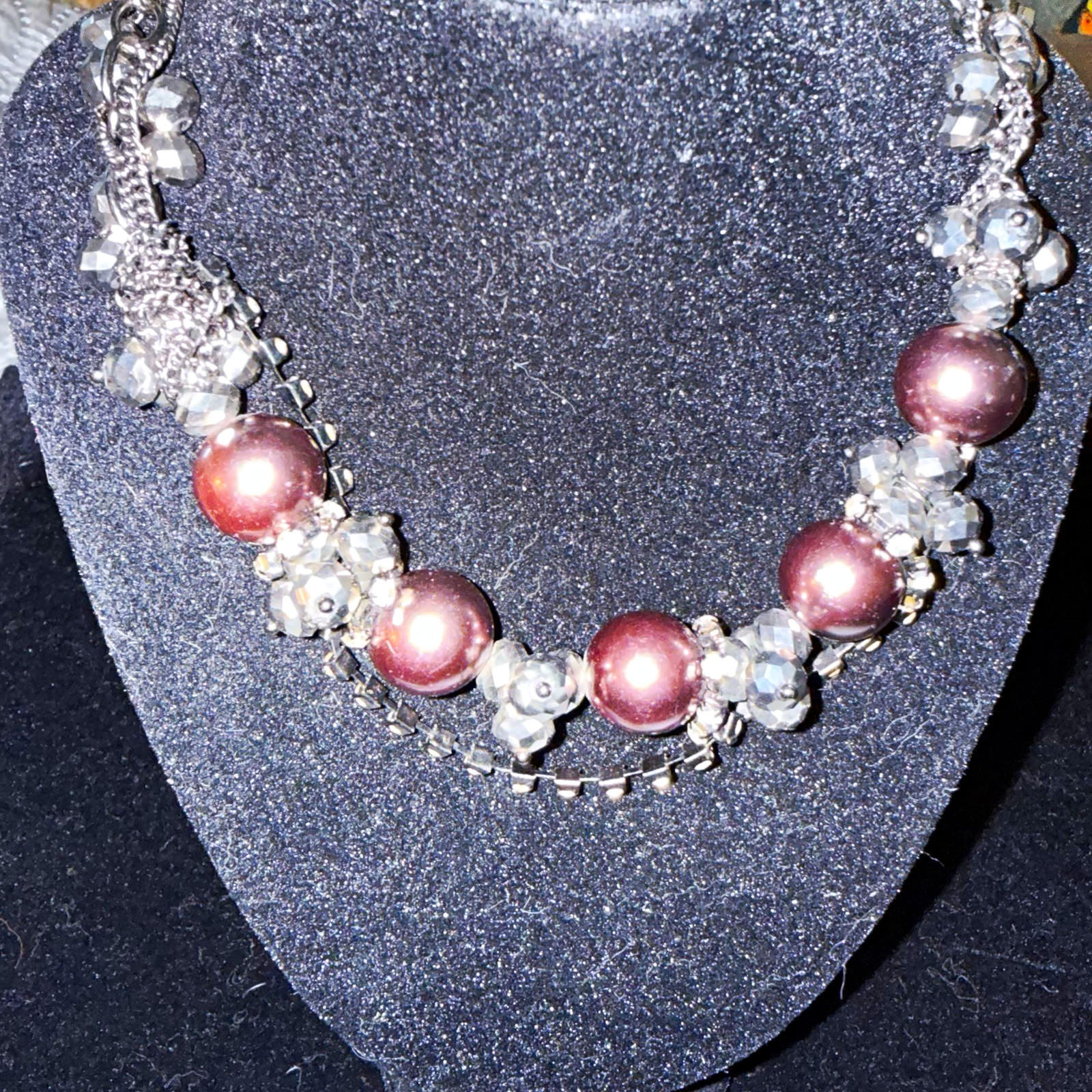 Silver tone pink faux pearl & crystal cluster statement necklace, adjustable