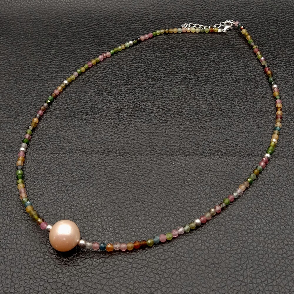 Natural Multi Color Tourmaline Pink keshi Pearl Choker Necklace silver clasp
