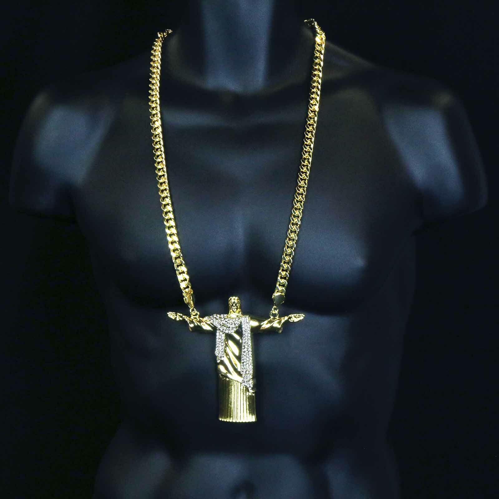 Hip Hop 14k Gold Plated Huge “JESUS” Pendant Cubic Zirconia 30″ Cuban Chain (H)