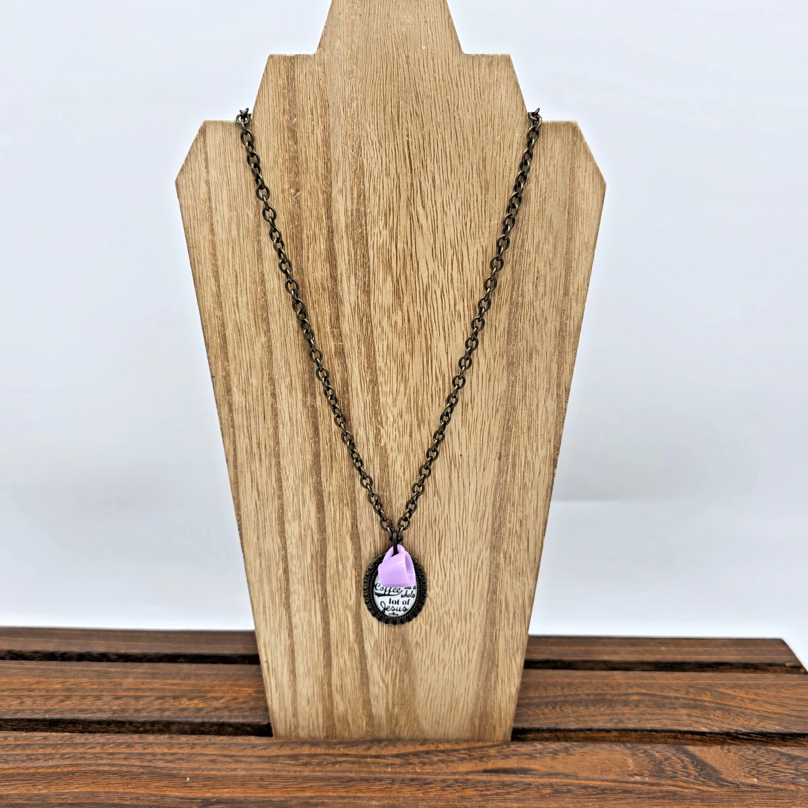 Plunder Bronze Coffee & Jesus Quote Necklace Oval Pendant Purple Mug Charm 32”