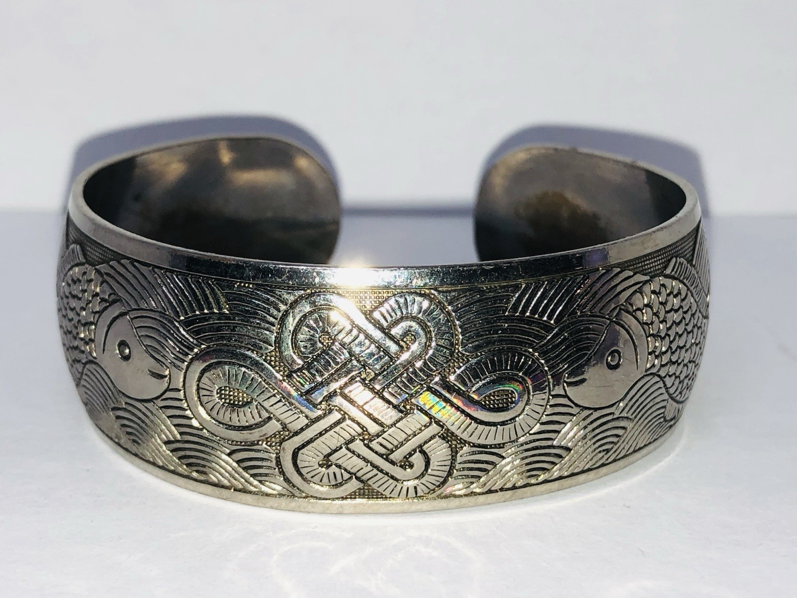 VTG Bangle Bracelet Silver Tone Etched Celtic Knot and Fish Design Open Cuff