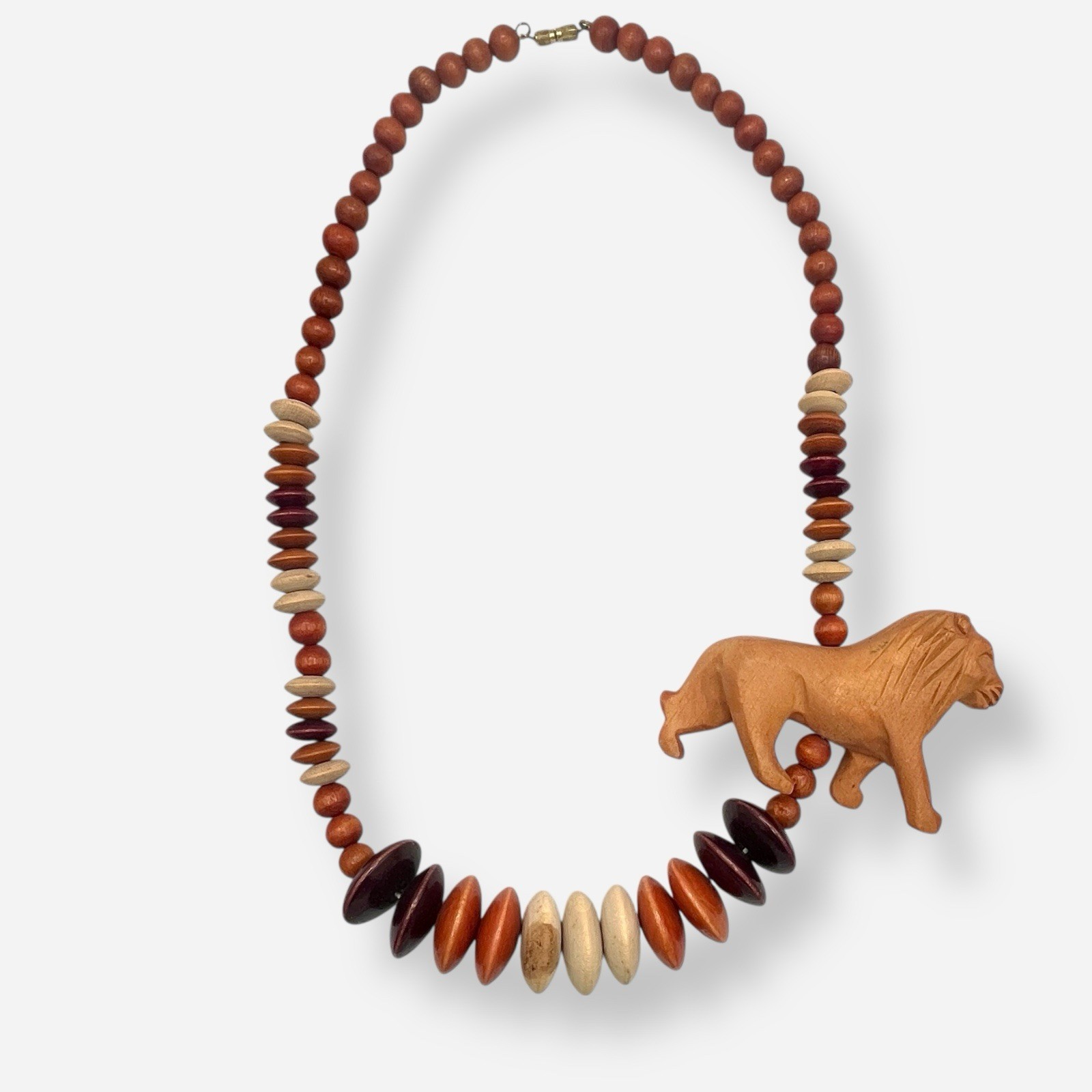 Large Wood Safari Statement Necklace Lion Carved 27” Beaded Graduated