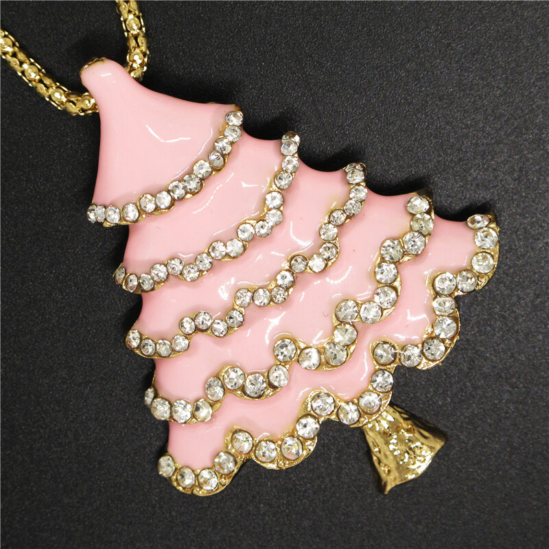 Hot Fashion Women Pink Enamel Christmas Tree Crystal Pendant Chain Necklace