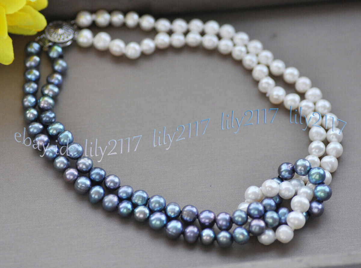 2 Rows 6-7mm Genuine Natural White Black Freshwater Pearl Twisted Necklaces 18”