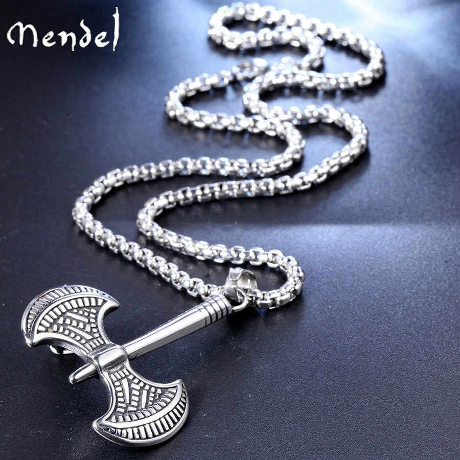 MENDEL Mens Boys Stainless Steel Punk Biker Viking Axe Pendant Necklace For Men