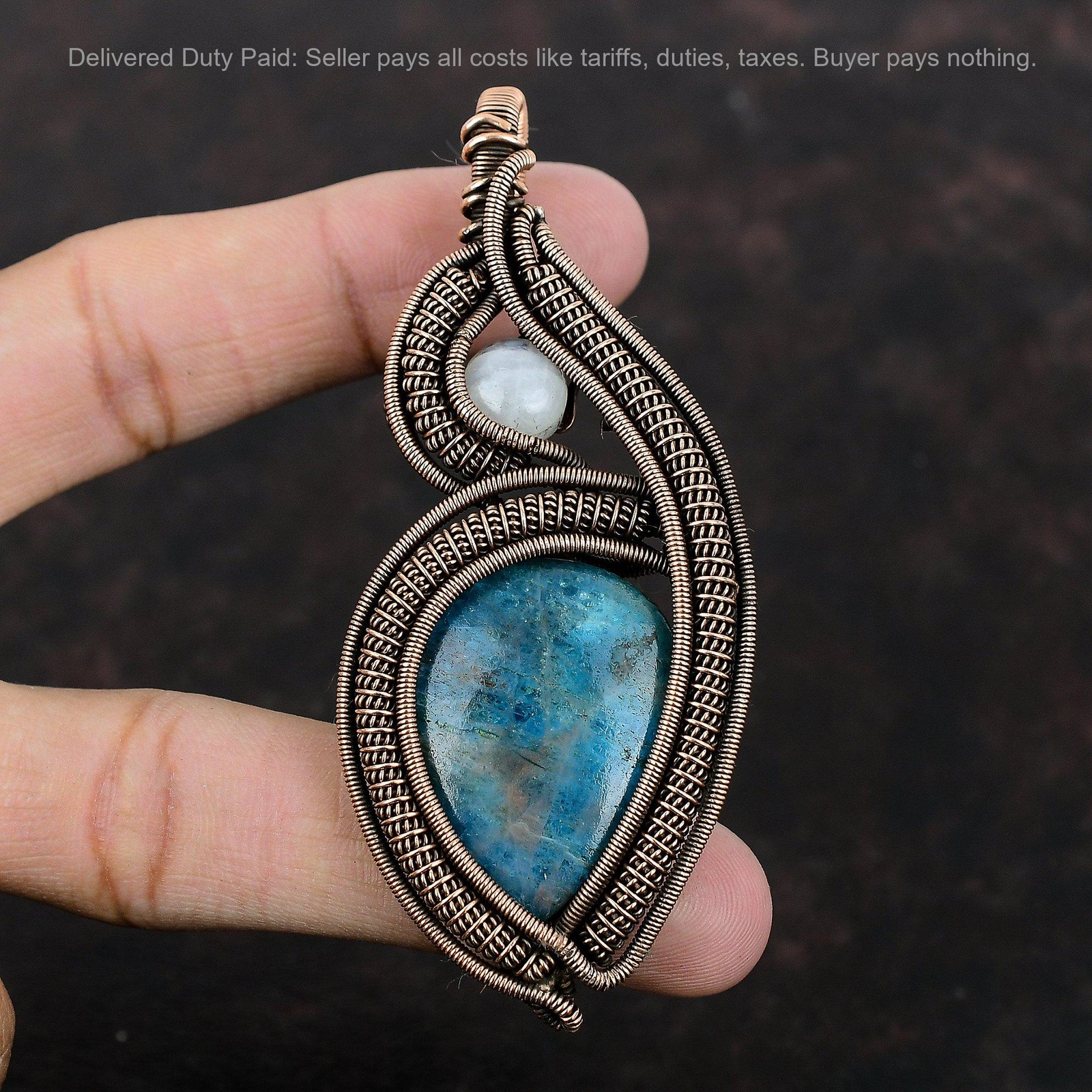 Copper Pear Natural Neon Apatite Rainbow Moonstone Elegant Wire Wrapped Pendant