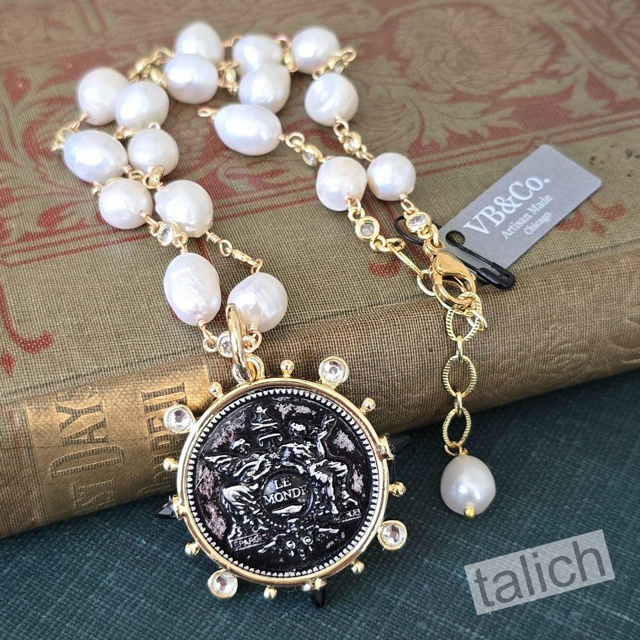 Designer VB&CO Chunky White Pearl Necklace with Large Le Monde Coin Pendant Chic