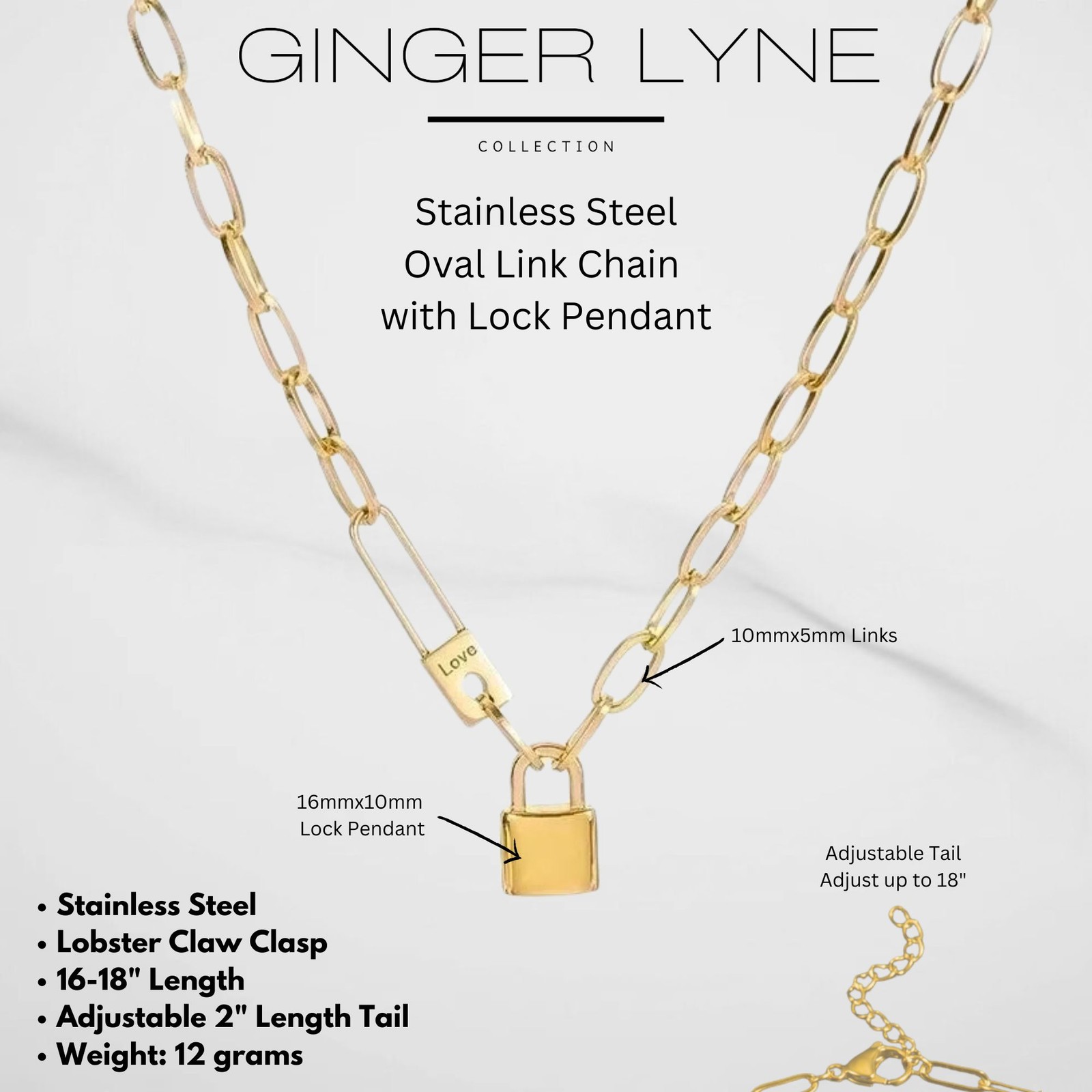 Oval Chain Necklace for Women Lock Pendant 18K Gold Plated Stainless Steel Ad…