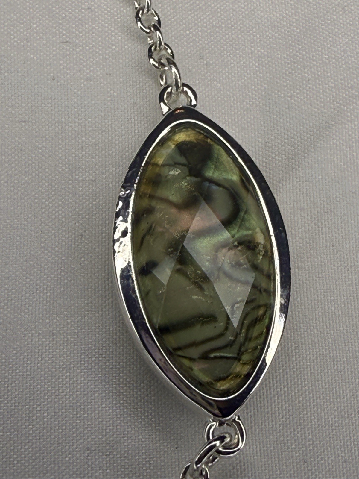 Swarovski 32″ Abalone Shell Crystal Station Necklace Signed Swan Logo Flush Set