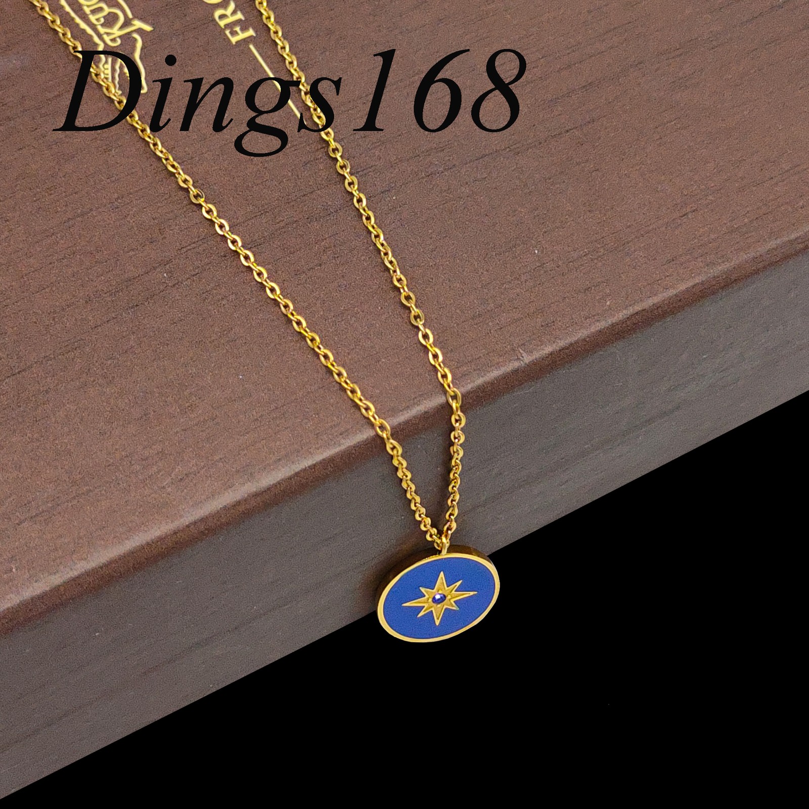18K Yellow Gold Filled Tarnish-Resistant Necklace+ Blue Simulated Enamel Pendant