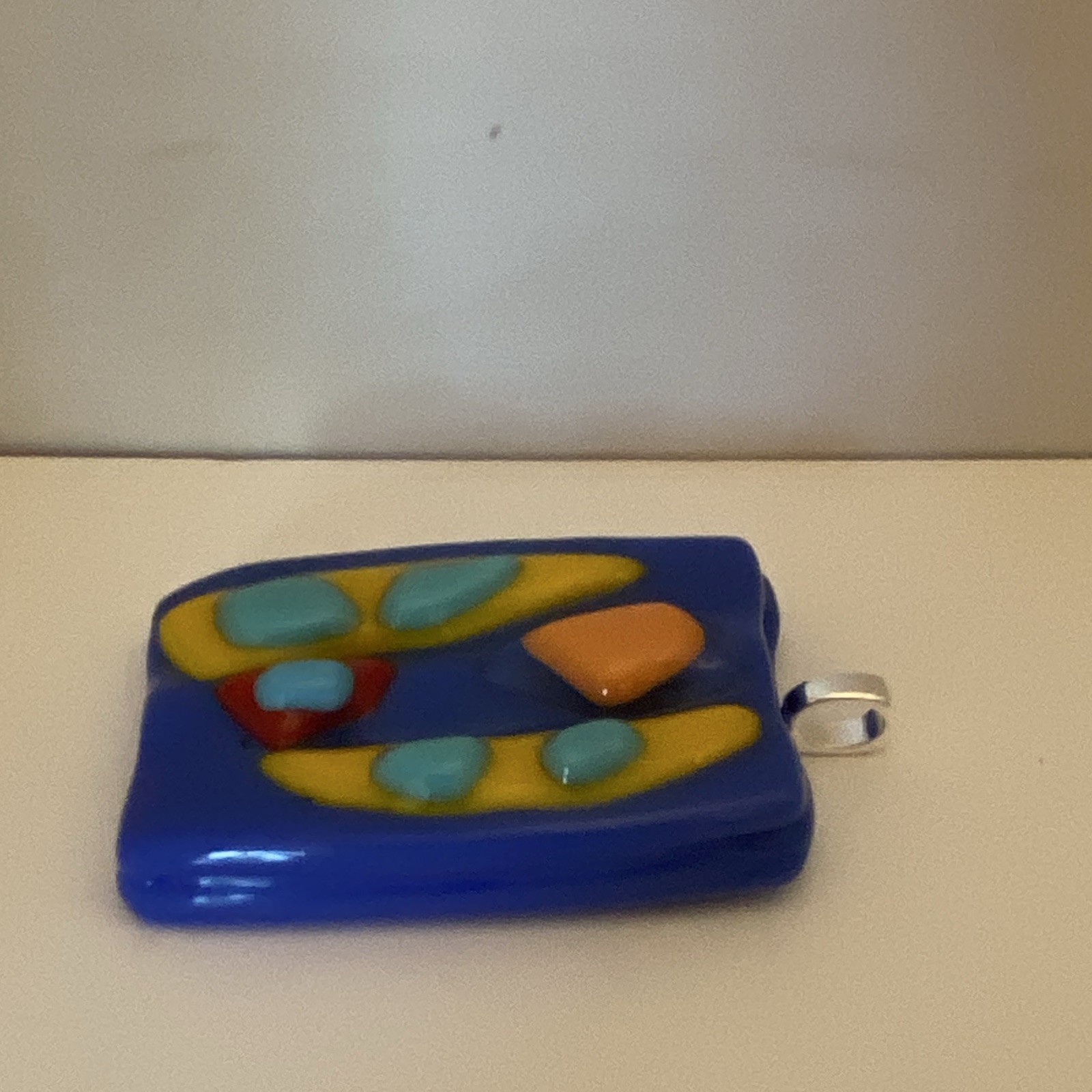 Fused Glass Pendant Silver Tone Bail Multicolor Art Design Handmade; Artisan