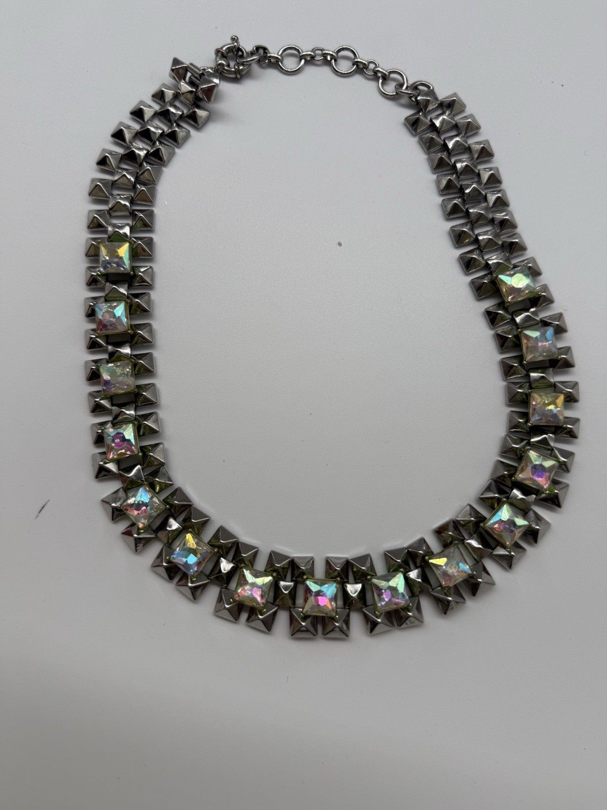 J.Crew Crystal Grid Chain Statement Necklace Iridescent Silver Rhodium Plated