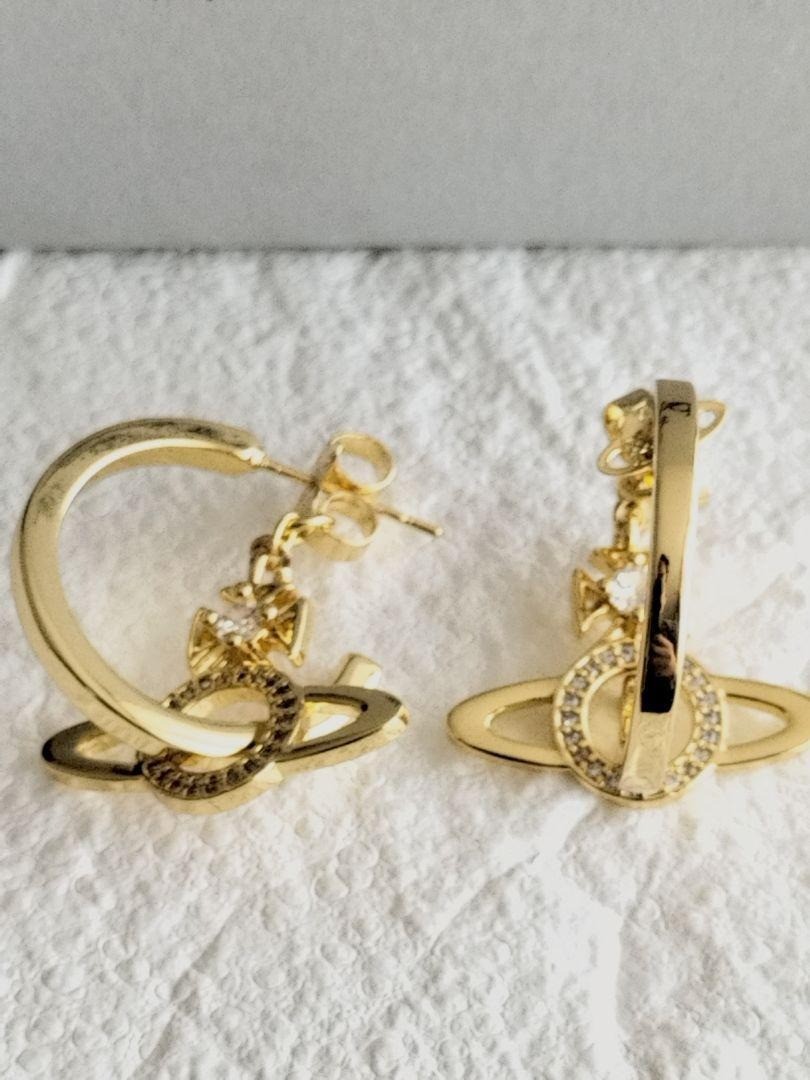 Vivienne Westwood Earrings MIRANDA Orb Hoop Dangle Gold w/Pouch NO BOX