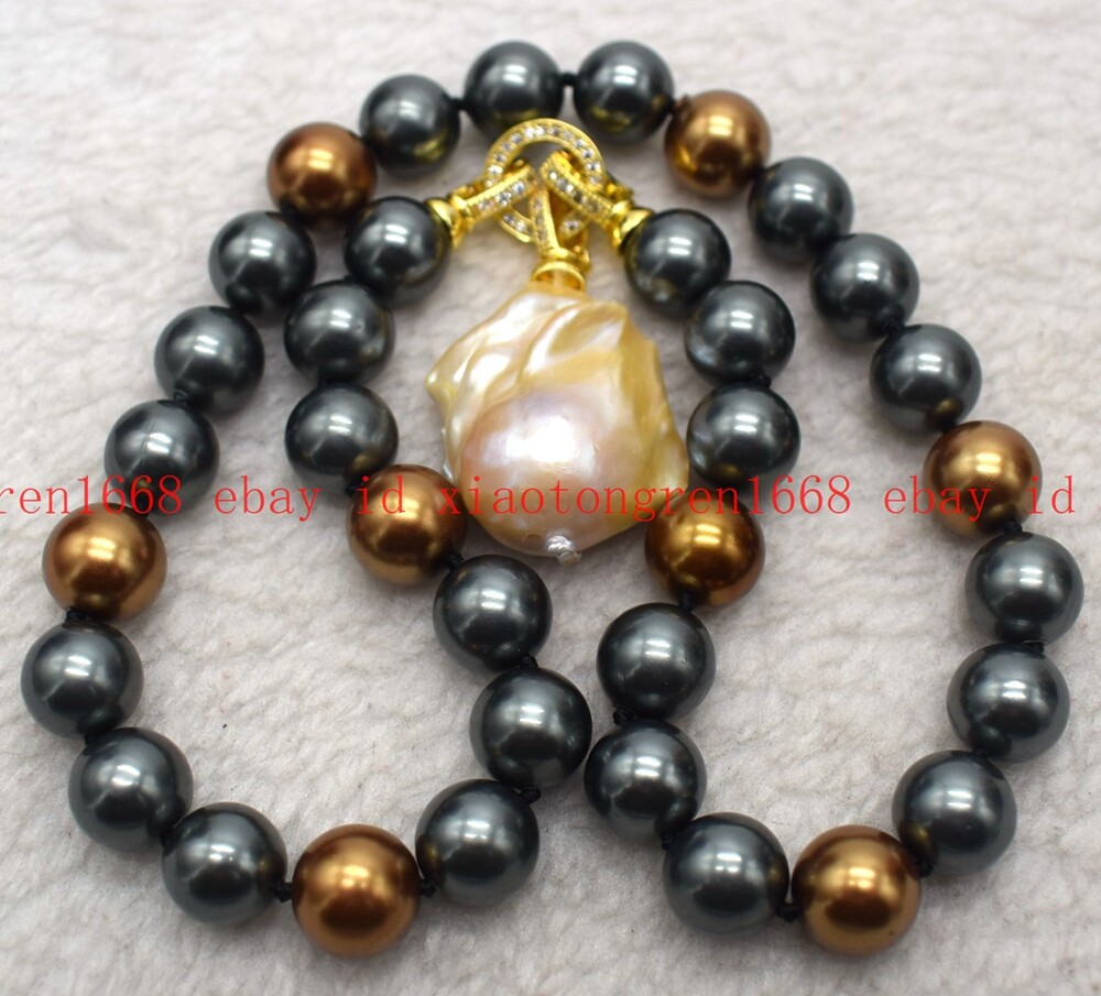Fashion 12mm Black Brown Shell Pearl & Baroque Pearl Pendant Necklace 16-24in