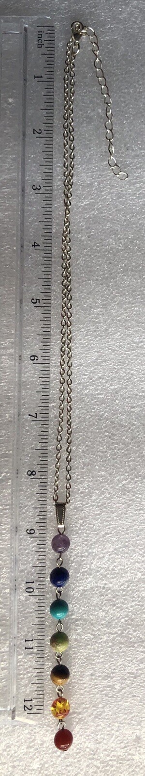 Natural Chakra Bead 7 Gem Stone Drop Necklace Adjustable 17-20” Silvertone.