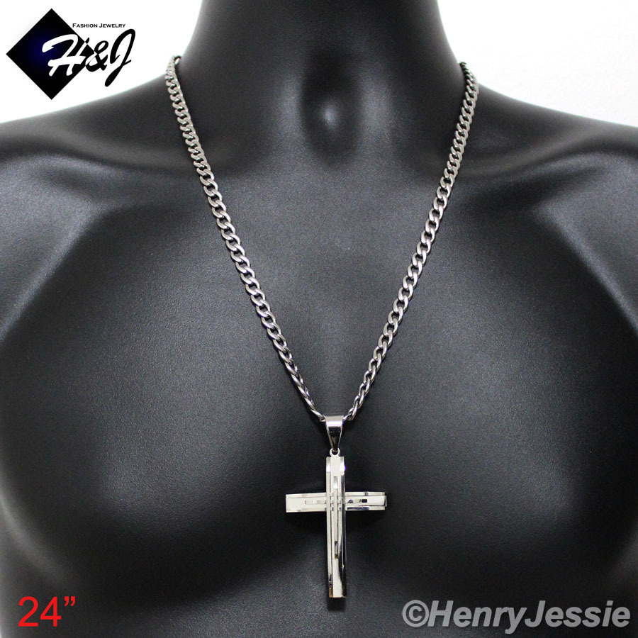 18-40″MEN’s Stainless Steel 6mm Silver Cuban Curb Chain Necklace Cross Pendant*A
