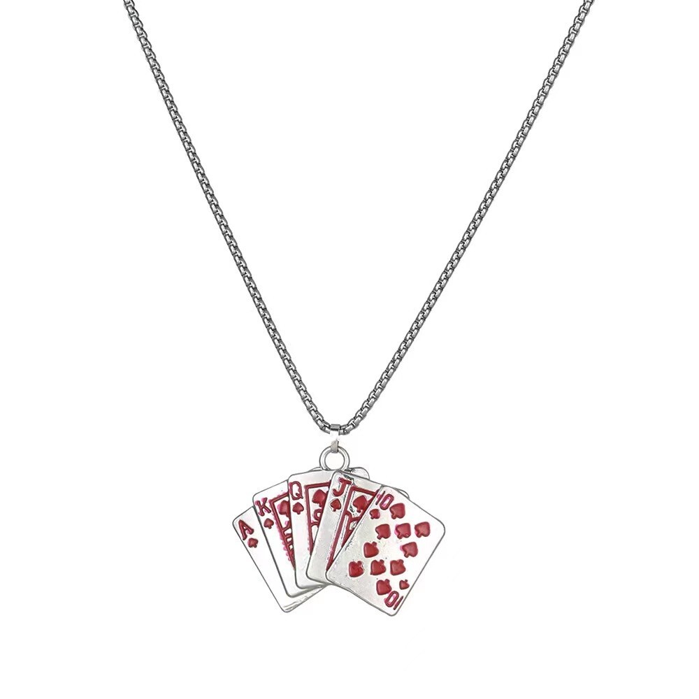 Red Royal Flush Poker Playing Card Pendant Necklace Chain Men’s Jewelry Gift