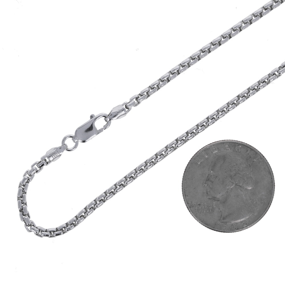 .925 Sterling Silver, 2.5mm Round Box Chains. Wholesale: 16″,18″,20″,22″,24″,30″