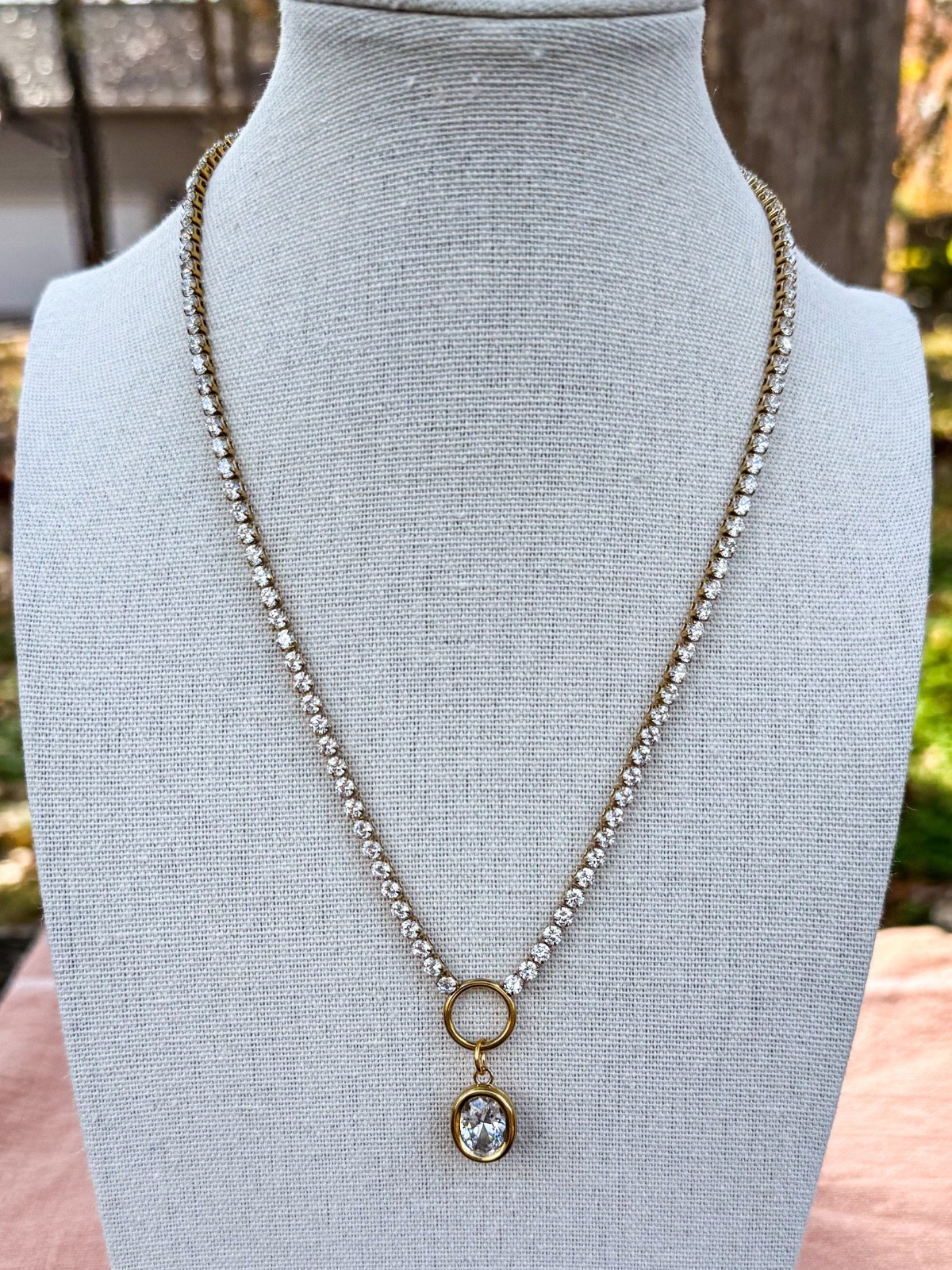 17″ Gold Stainless Steel Tennis Chain Necklace Oval CZ Charm Rhinestone Sparkle