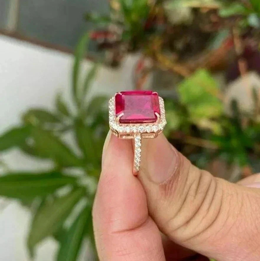 3.10 Ct Emerald Cut Natural Ruby Diamond Wedding Ring 14K Solid Yellow Gold