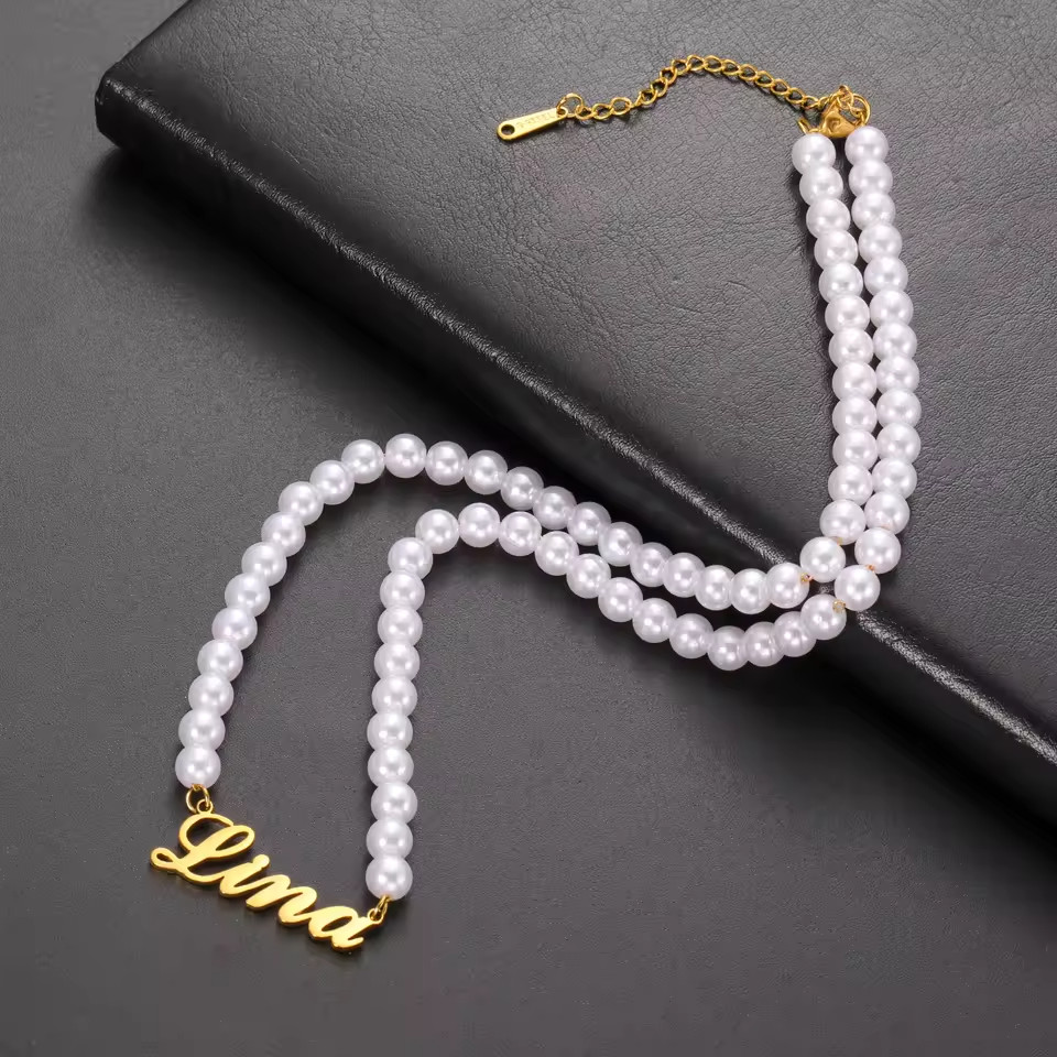 Custom Name Pearl Chain Pendant Necklace Jewelry Stainless Steel Gold Silver