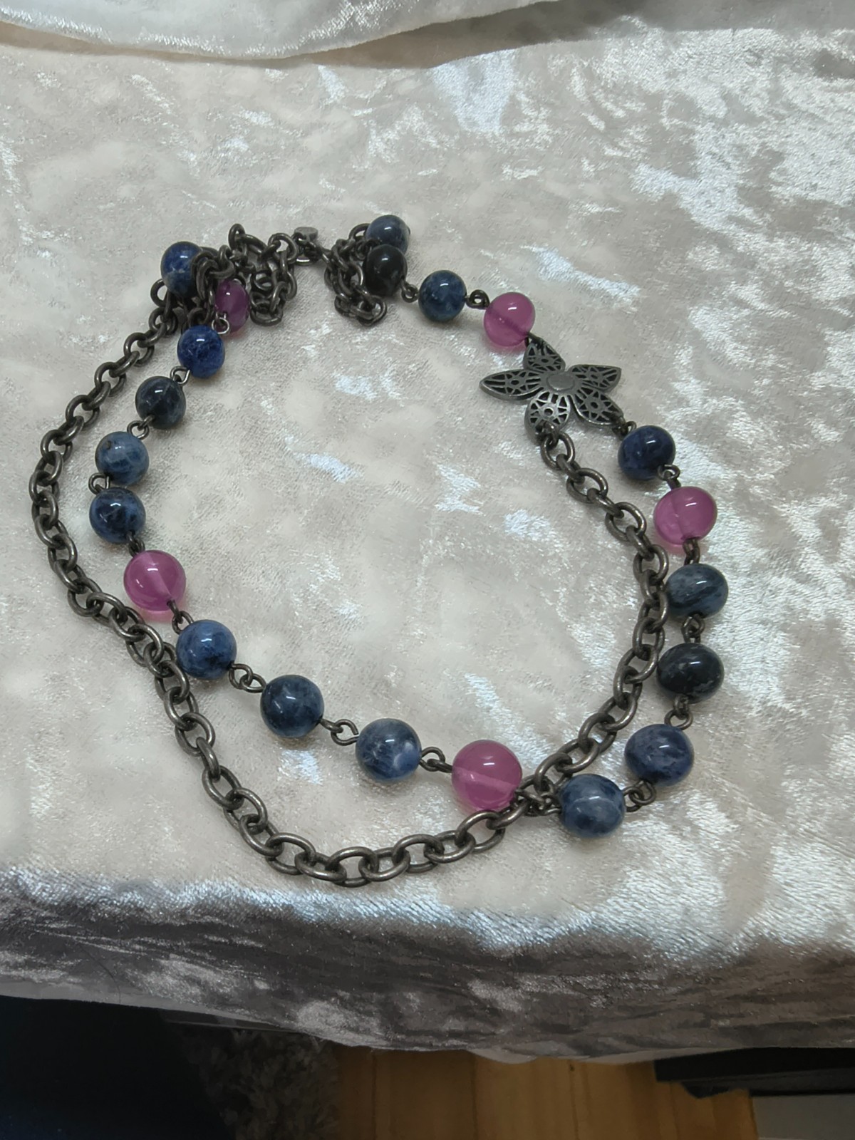 Double Strand Blue Pink Bead Necklace Bronze Tone Flower Charm 46cm Boho