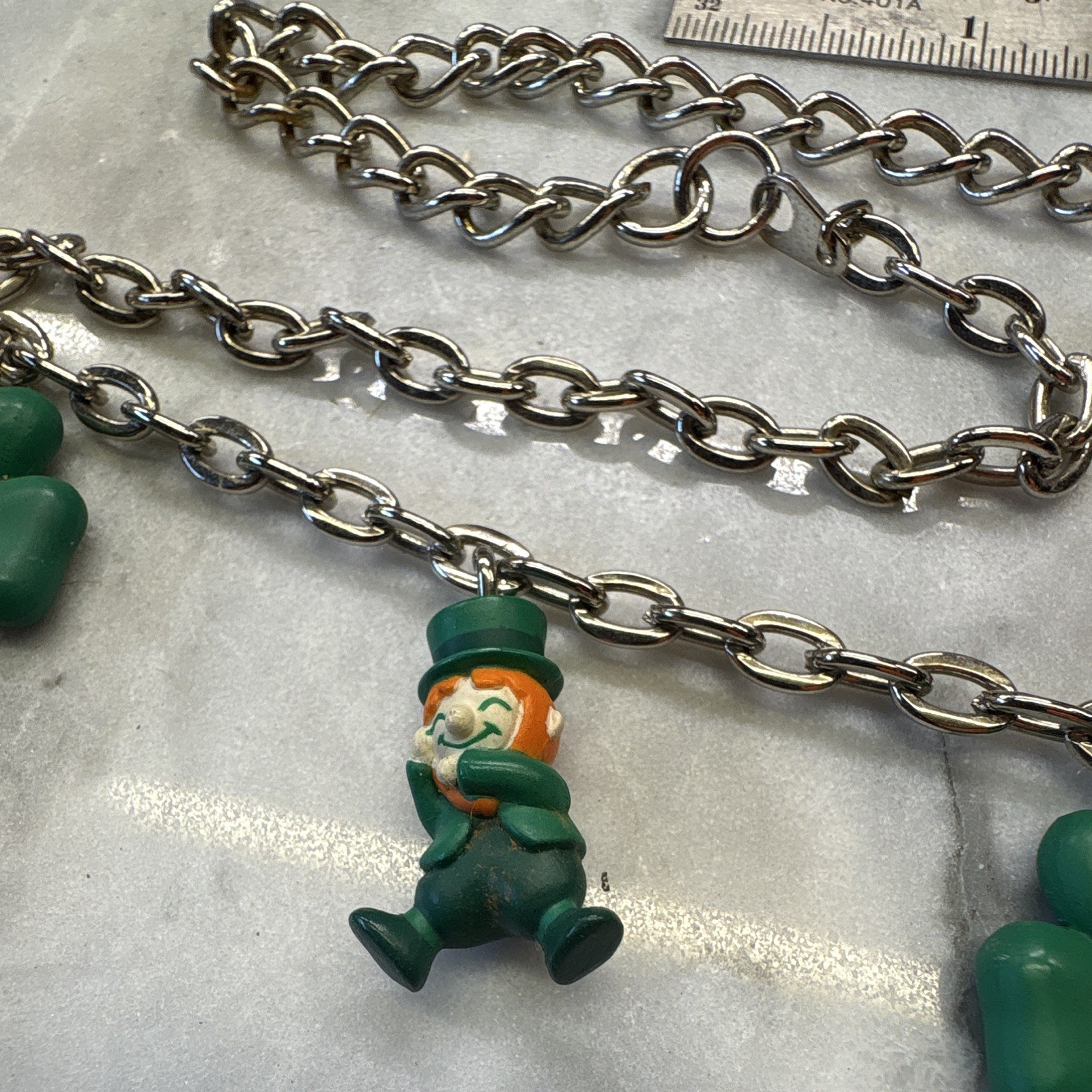 Silver Tone Cable Chain Charm Necklace Green Clover & Leprechaun, Spring Ring