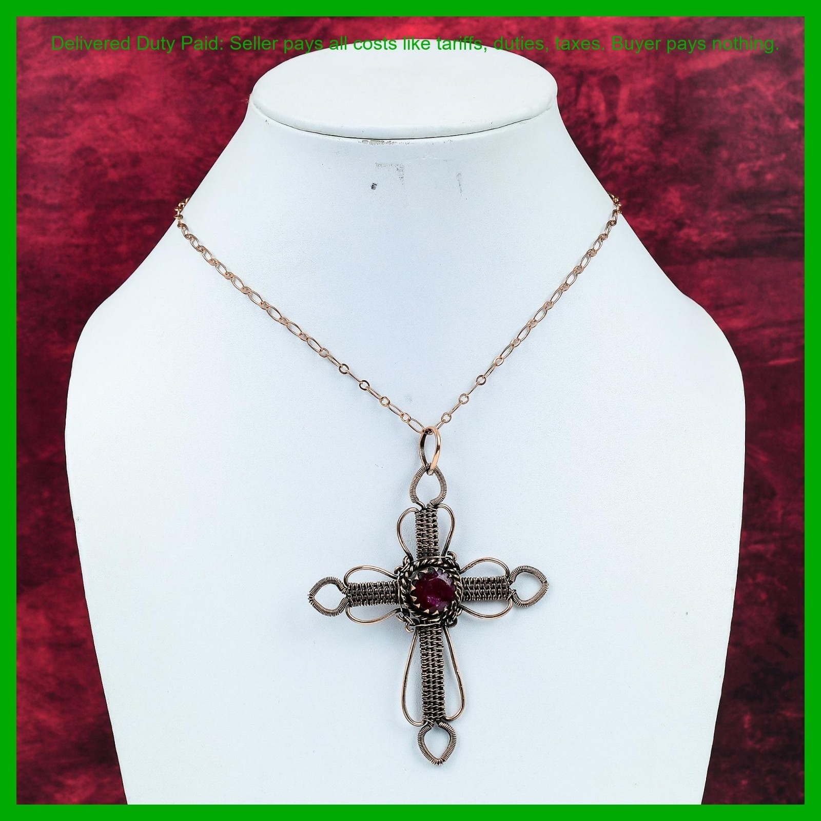 Kashmir Rubi Stone Wedding Wire Wrapped Cross Anniversary Pendant Jewelry Copper