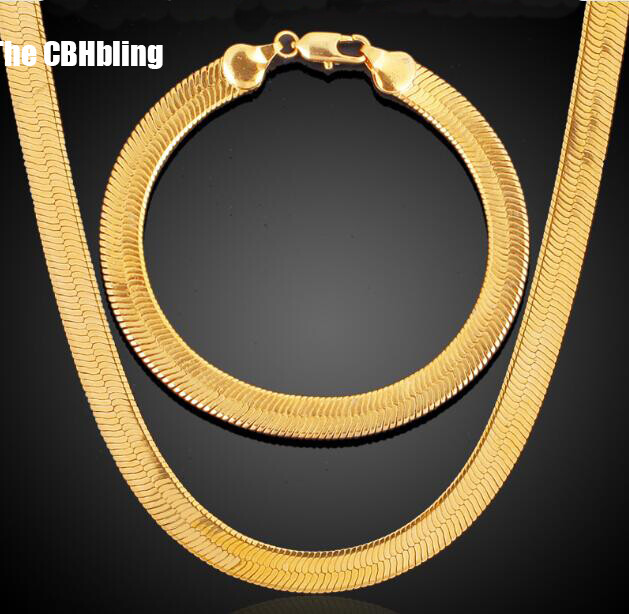 10mm Stainless Steel Flat Herringbone Chain 18K Gold Plated Necklace Bracelet