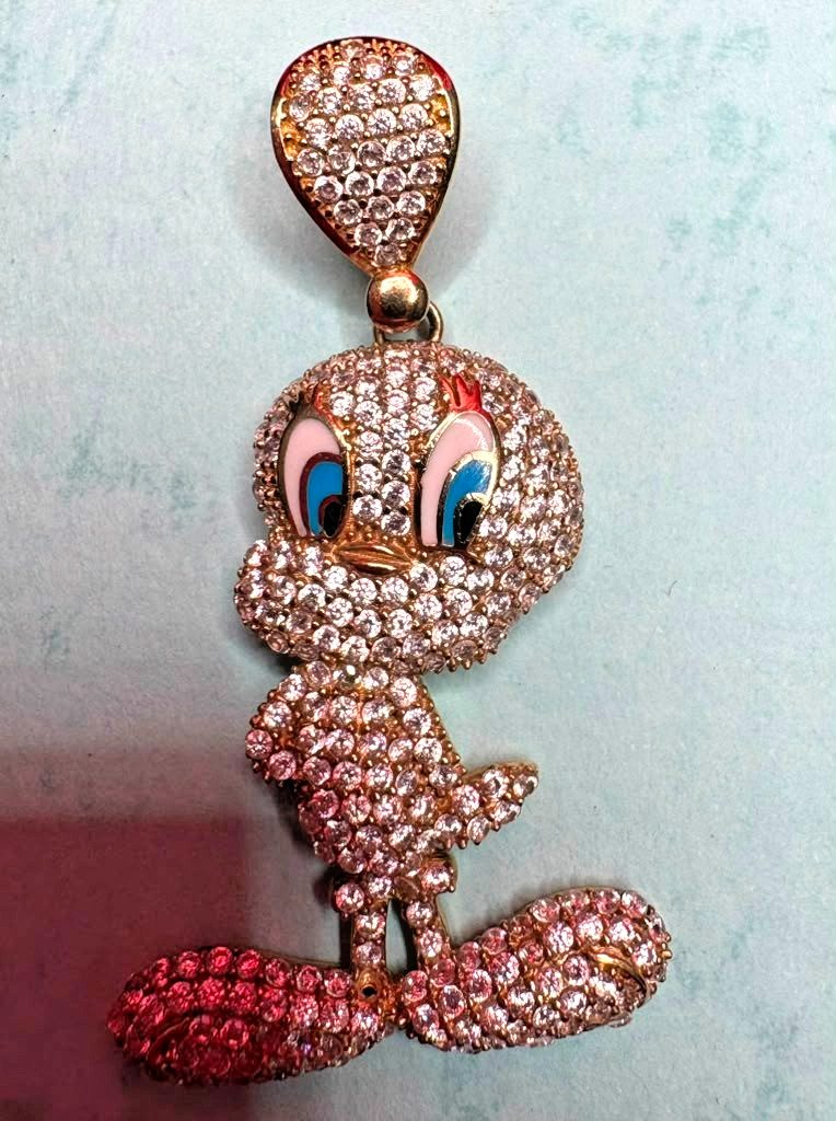 10Kt Iced-Out Tweety Bird Pendant with Cubic Zirconia Stones