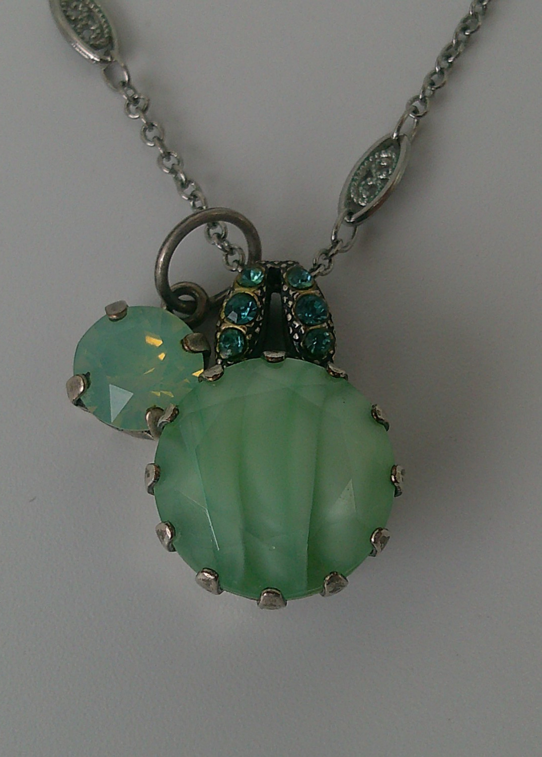 Mariana Rhodium Plated & Mint Green Stone 15mm Pendant Necklace 17-21″ Adjust.