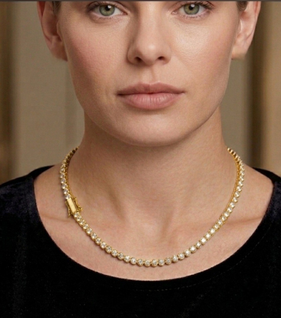 3mm Bezel Tennis Chain Necklace 18k YGP Lab-Created Swarovski Zirconia 18″ Spark