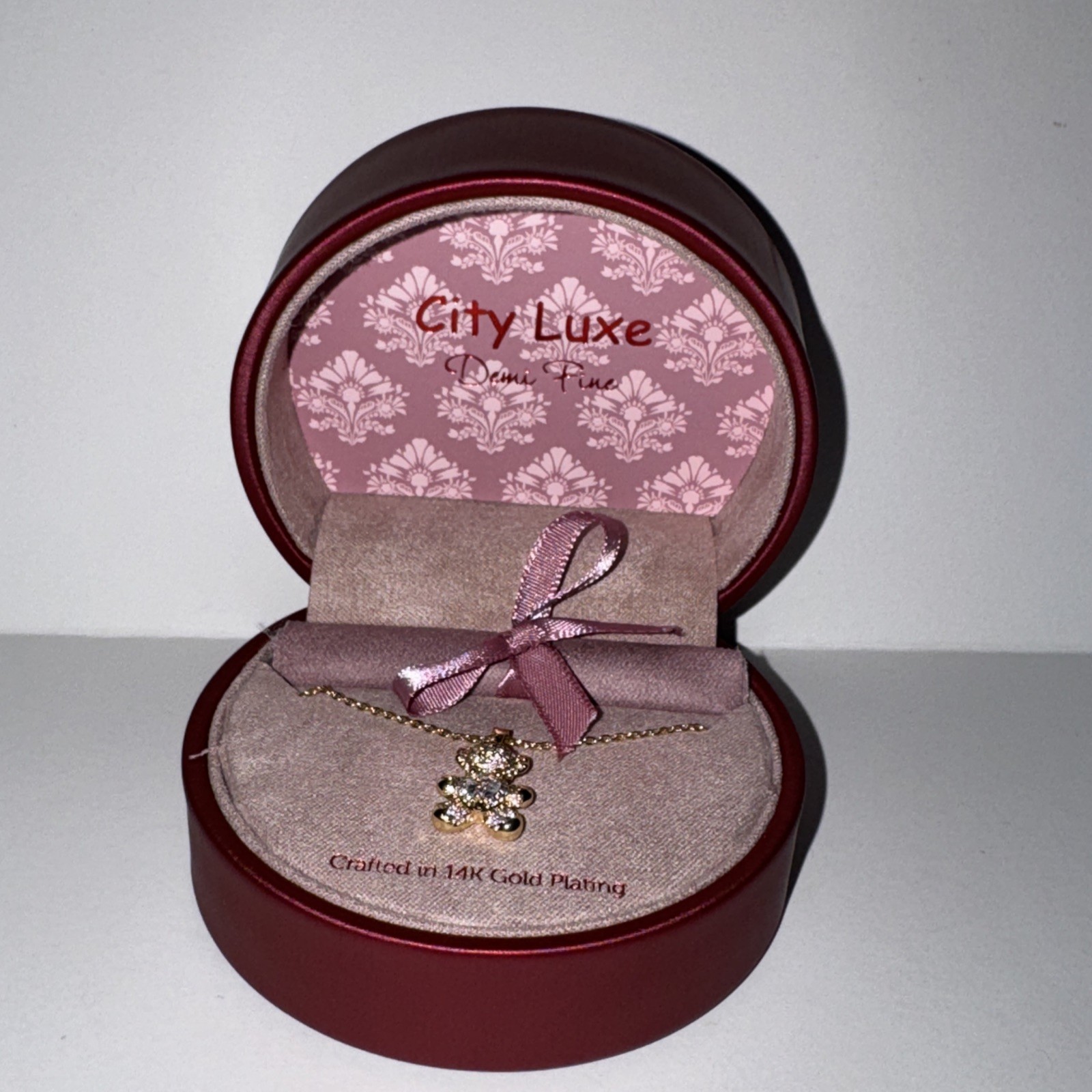 City Luxe Demi Fine Teddy Bear 14 Gold Plating Necklace, Cubic Zirconia Heart