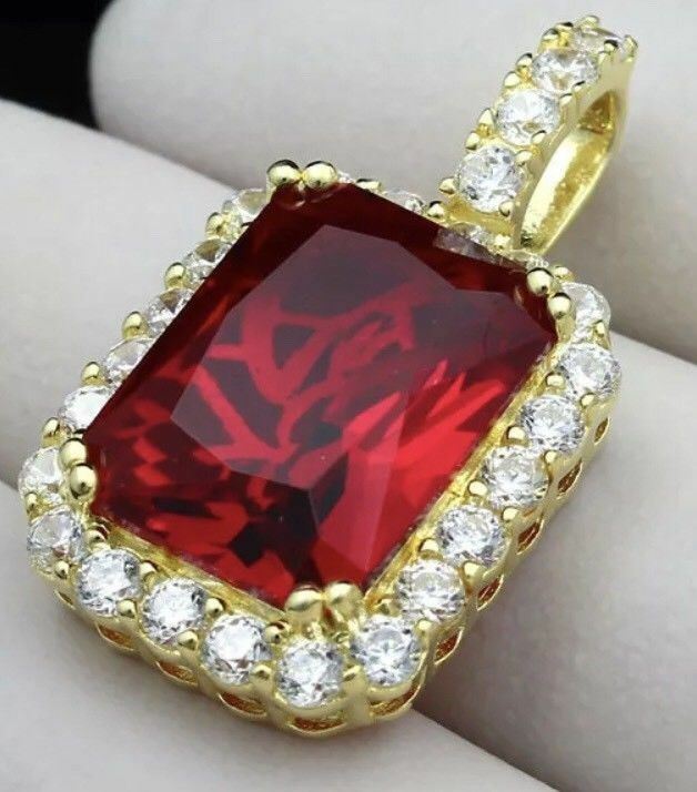14k Gold Plated Solid 925 Silver Simulated Diamond Ruby Piece Pendant Gemstone