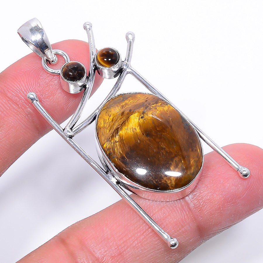 Natural Yellow Tiger Eye – South Africa 925 Silver Plated Pendant 1.95″ S6182