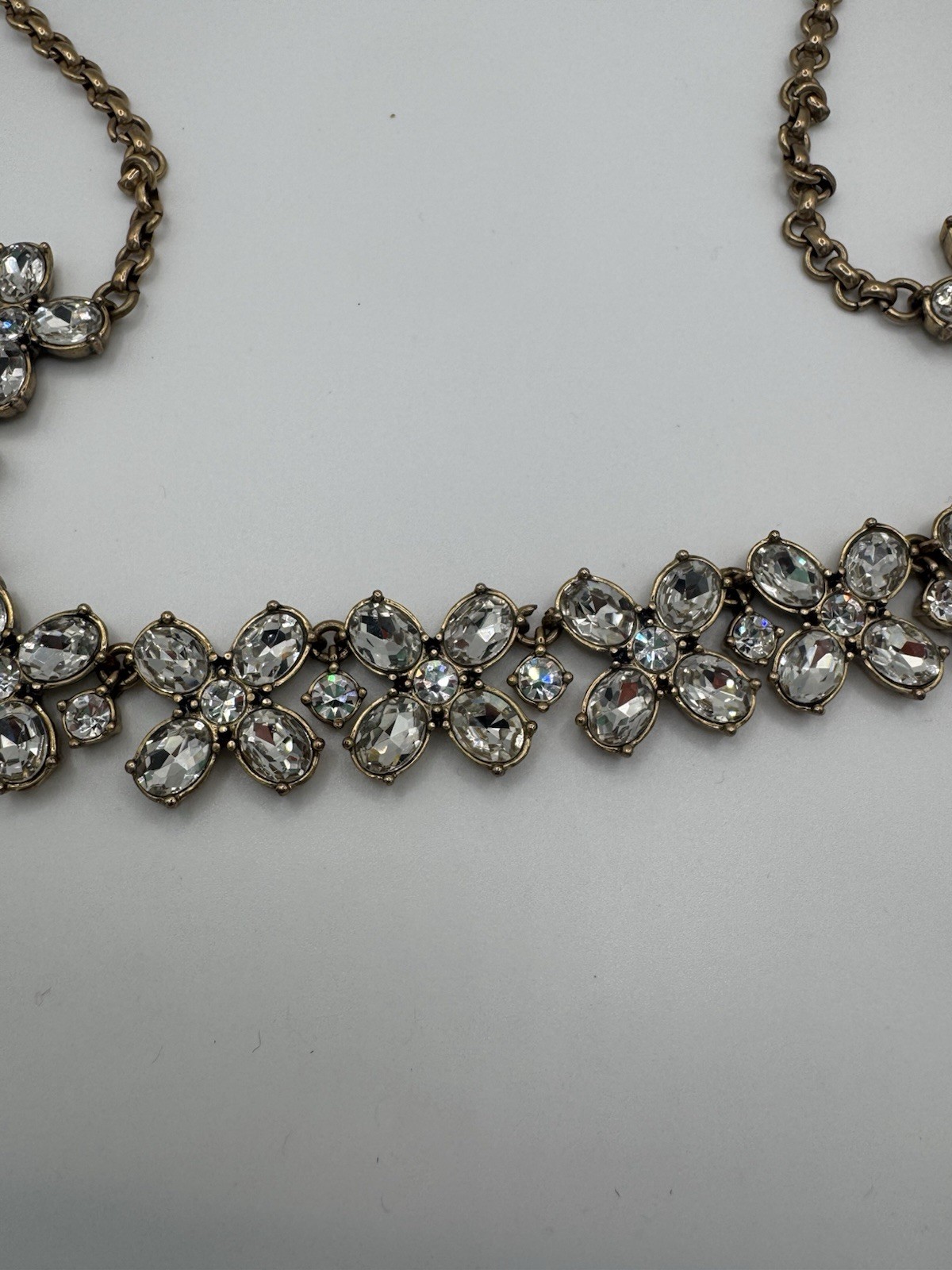 J. Crew Chunky Floral Crystal Necklace Gold Tone Spring Ring Adjustable 29″