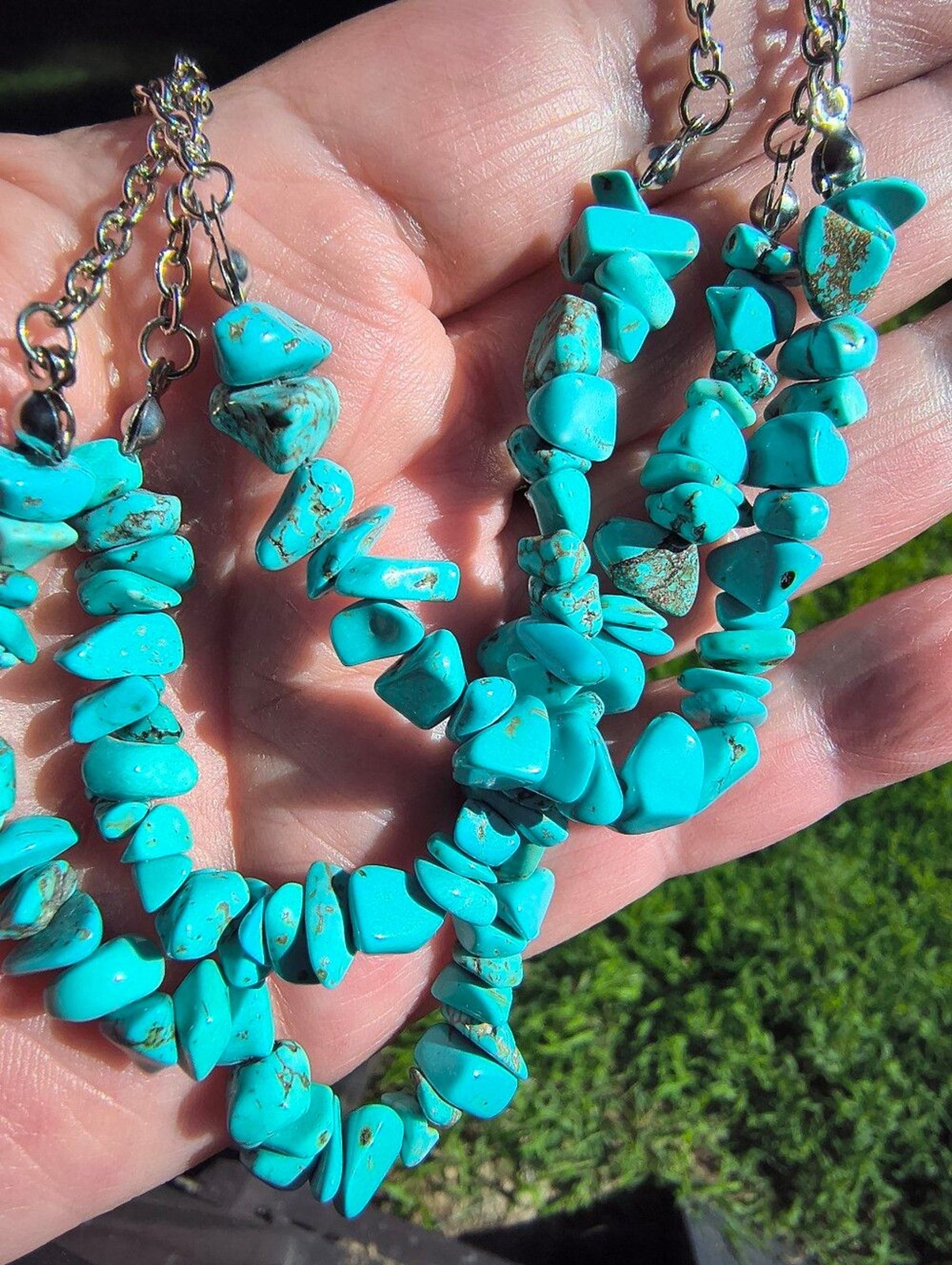 Stabilized Turquoise Chip Necklace Bracelet Set 15-18 In Southwestern Boho Style