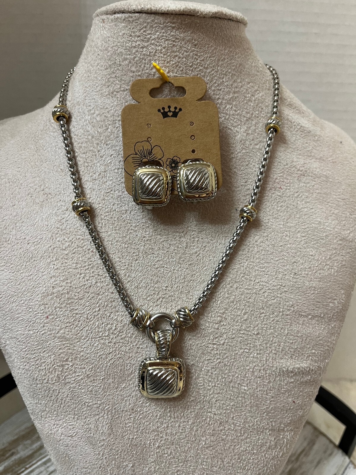 Two-Tone Silver and Gold Tone Necklace with Matching Earrings Set