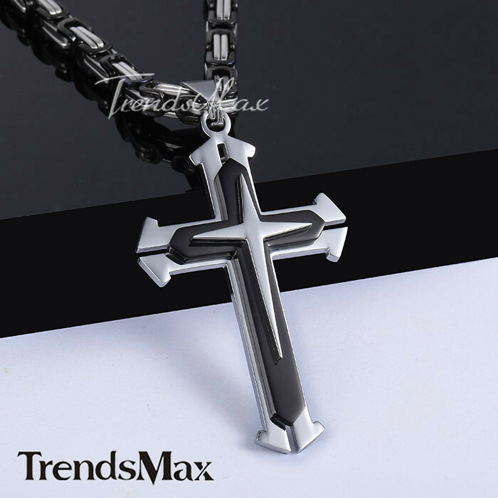 Mens Chain Silver Black Byzantine Box Stainless Steel Cross Pendant Necklace 22″