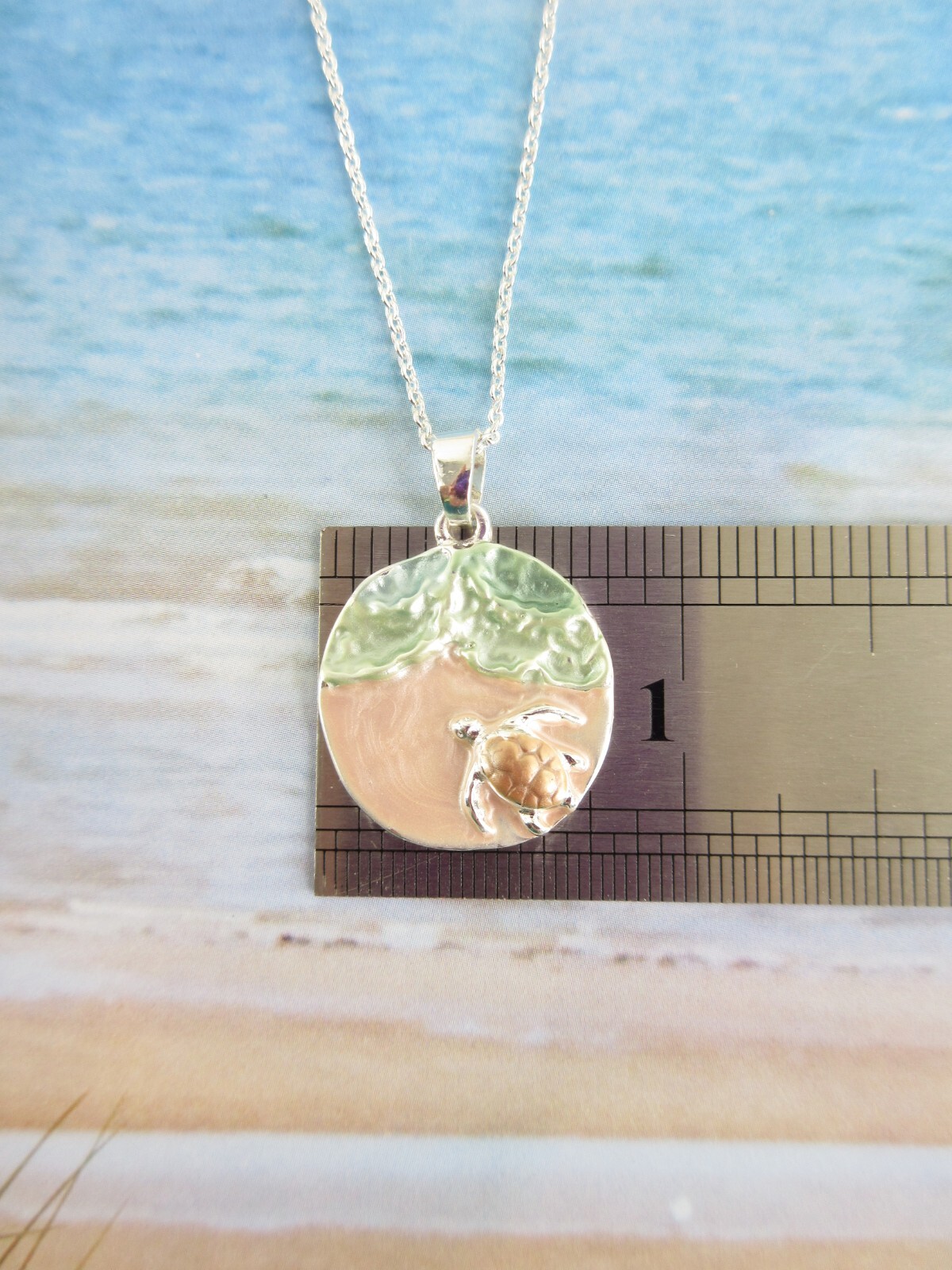 Beach Sea Turtle Necklace Pendant Silver Chain Summer Jewelry Ocean Scene Charm