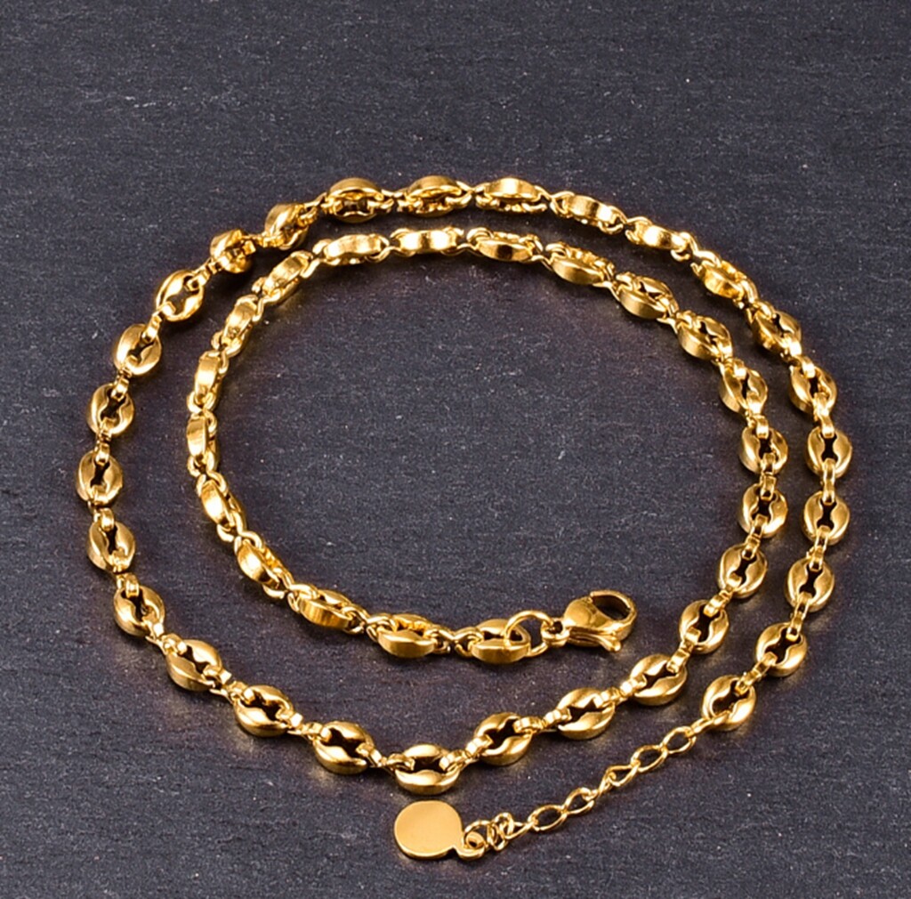 Hip Hop Women Gold Plated Titanium Stainless Steel Coffee Bean Necklace 17-18″