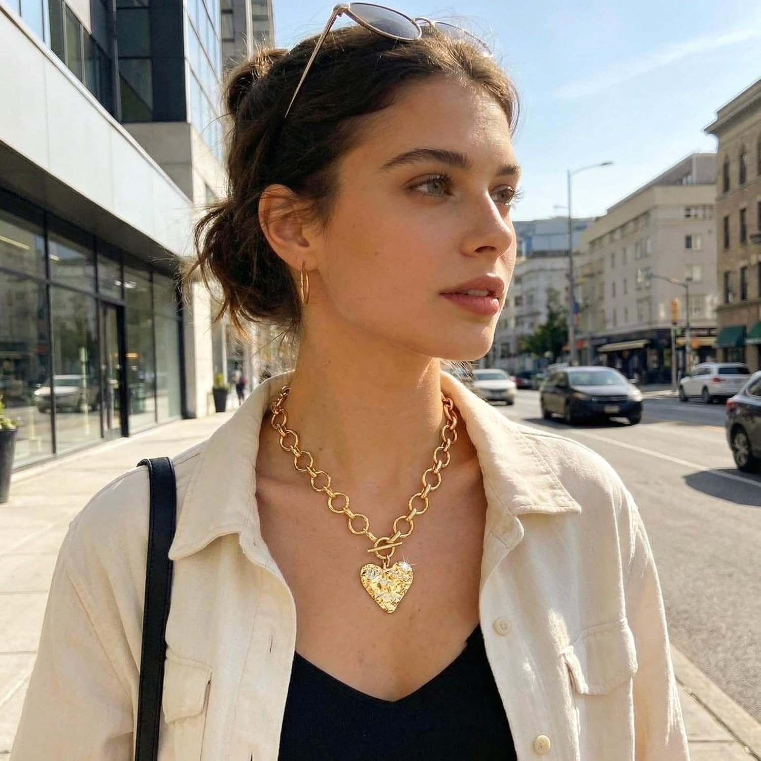 Chunky Gold Heart Cross Necklace for Women, 14K Gold Plated Layering Toggle Clas