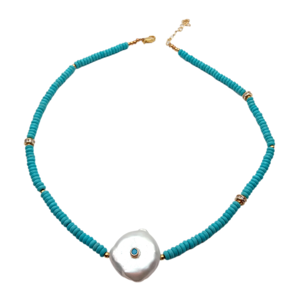 5mm Blue Turquoise Cultured White Coin Pearl Necklace Unique Choker Necklace