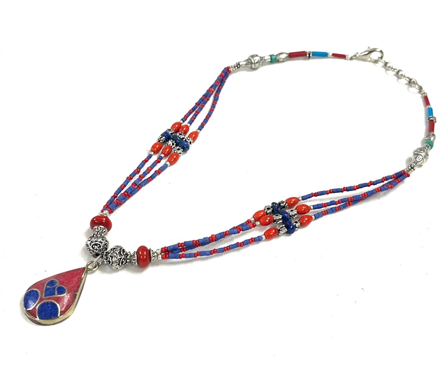 Antique Red Coral Lapis Gemstone Tibetan Bohemian Necklace Jewelry, 18 Inc Adjst