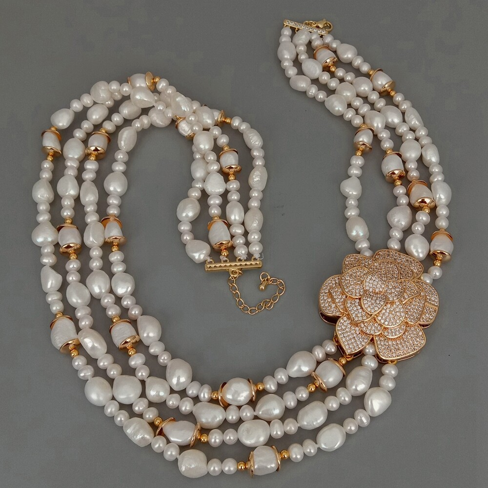 4 Strands Cultured White Baroque Pearl Cubic Zirconia Pave Pendant Necklace 19