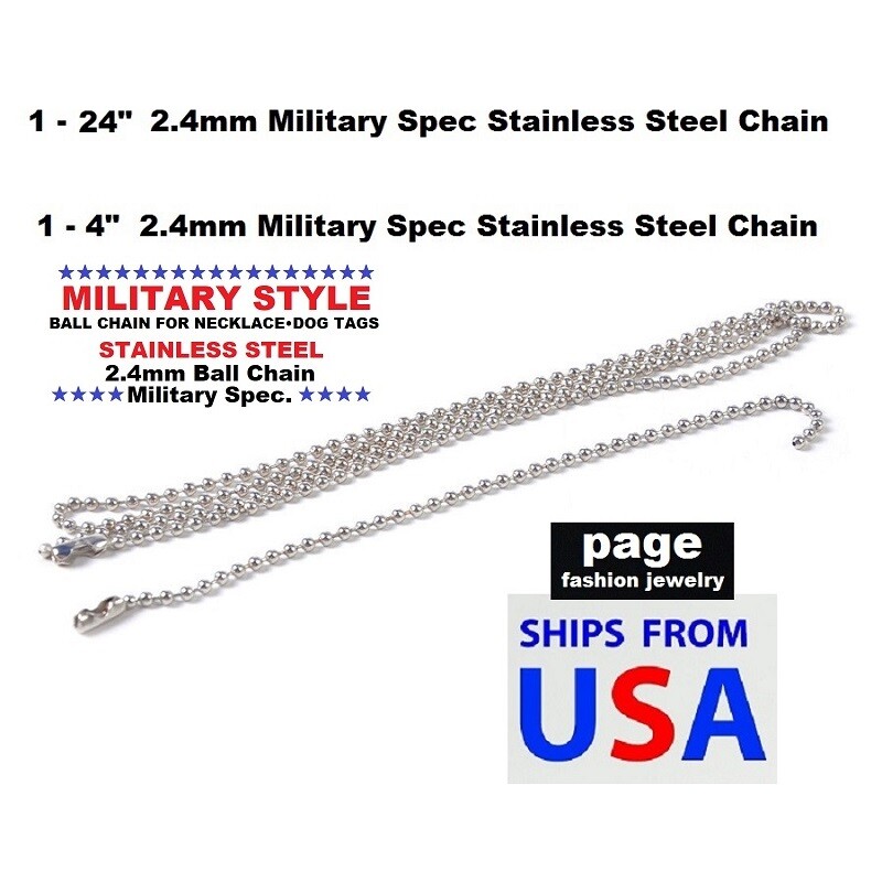 US Seller- 24″ + 4″ – 2.4mm Ball Chain Stainless Steel Military Spec For Dog Tag
