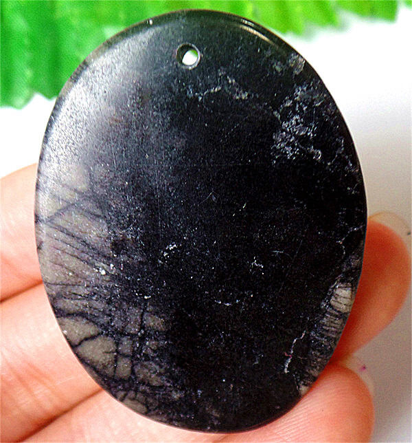 47x37x7mm Natural Black Meshwork Gemstone Oval Healing Pendant Bead DY5015