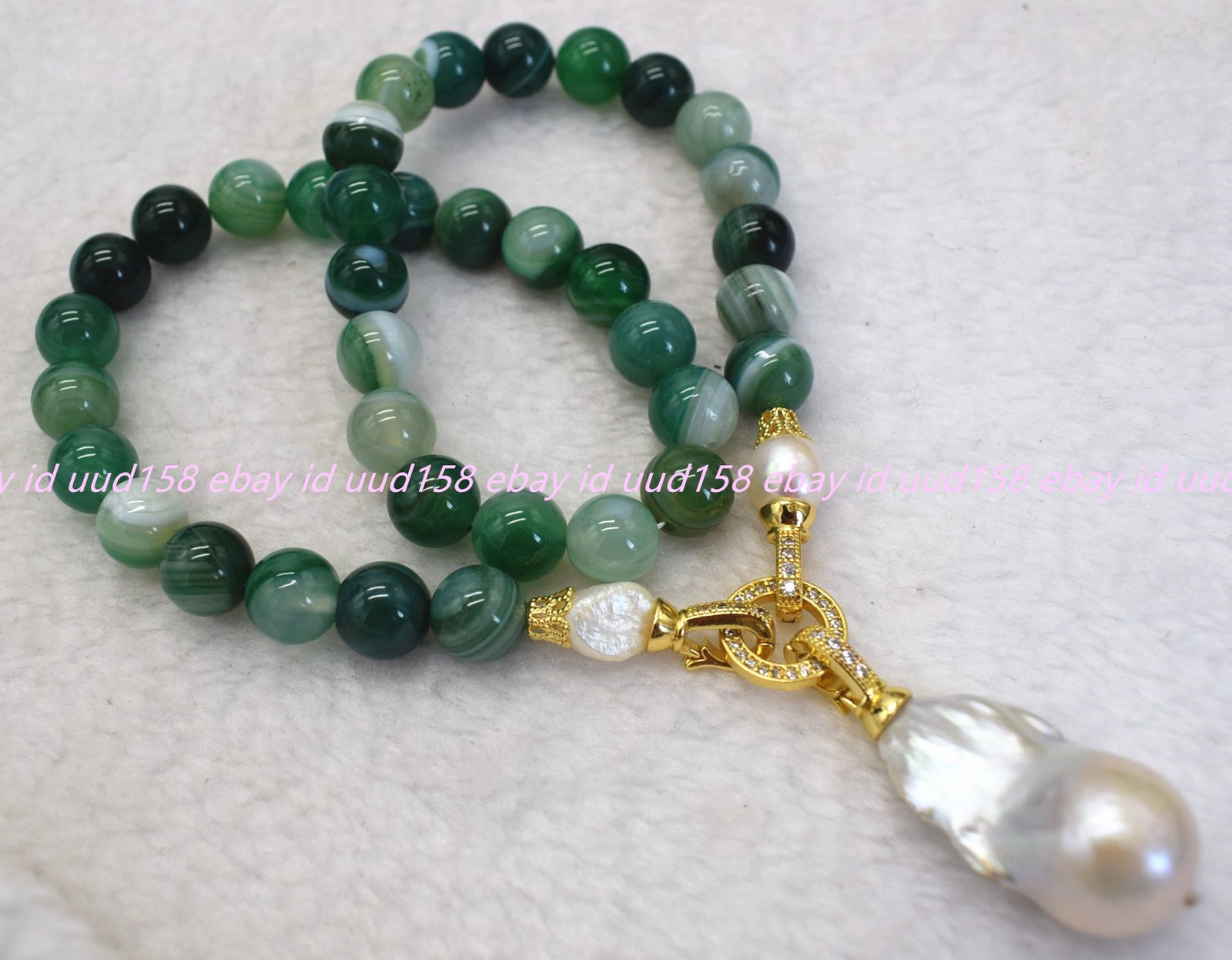 6/8/10/12mm Green Stripe Agate White Baroque Pearl Round Beads Necklace 16-28in