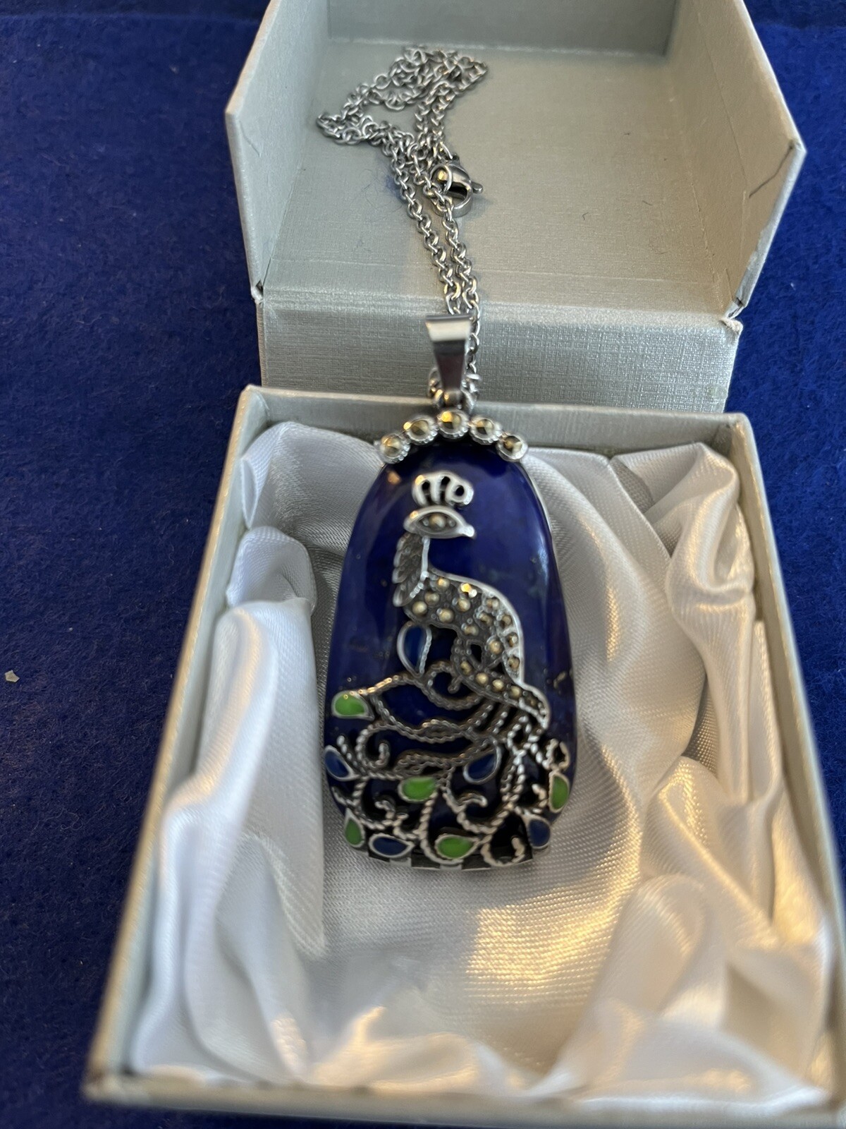 Lapis Lazuli, Swiss Margarita, Enameled Peacock Pendant Necklace (20”)
